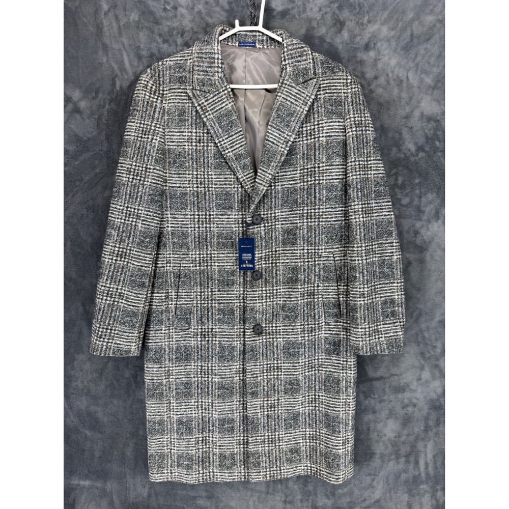 Stafford Mens Regular Fit Plaid Topcoat Black Tan Wool Blend 364314 Medium NWT